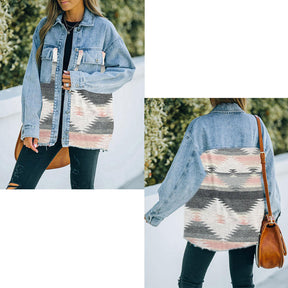 Aztec Denim Jacket for Women Distressed Lapel Long Sleeve Coat-Pink