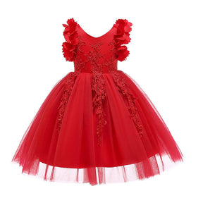 Princess Flower Girl Lace Dress Pageant Kids Christmas Party Dresses-Red