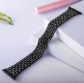 QZ Stainless Steel Bling Watch Band Metal Bracelet Adjustable Wristbands for Apple IWatch Series SE/1/2/3/4/5/6 For Women-Black