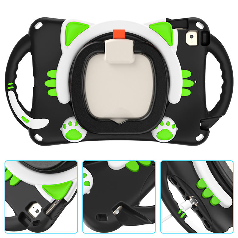 CatB Silicone Case For iPad Mini 5 4 3 2 1 Shockproof Shoulder Strap Handle Stand-Black Green