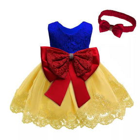 2-6T Little Girl Bowknot Lace Dress Party Wedding Dresses with Headwear-BlueYellow