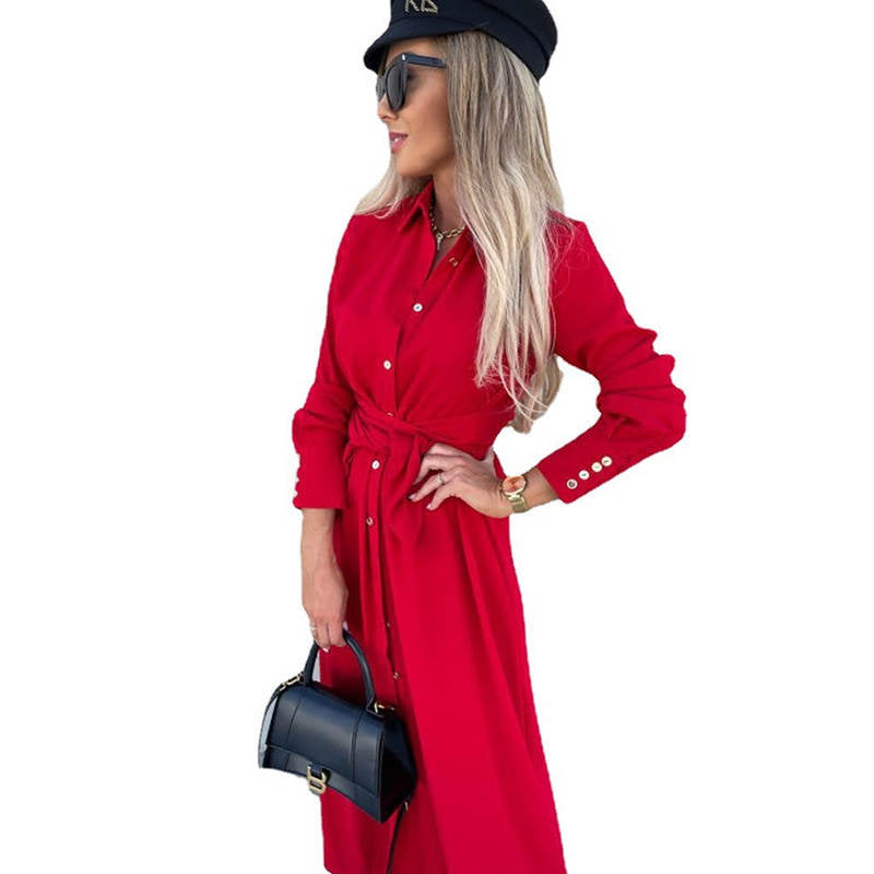 Womens Button Down Shirt Dresses Long Sleeve Causal Belted Slits-Red