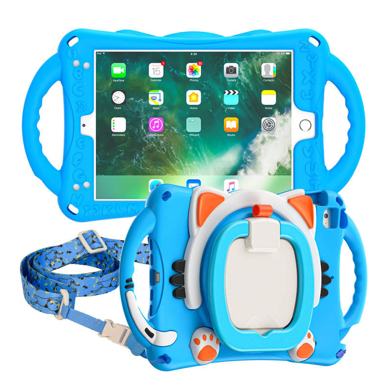 CatB Silicone Case For iPad Mini 5 4 3 2 1 Shockproof Shoulder Strap Handle Stand-Light Blue