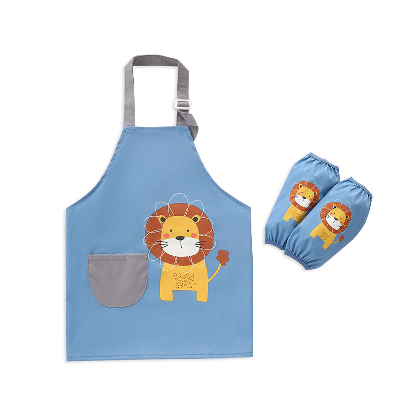 Kids Waterproof Art Apron for Painting Cooking Feeding with Matchin Sleeves-Lion