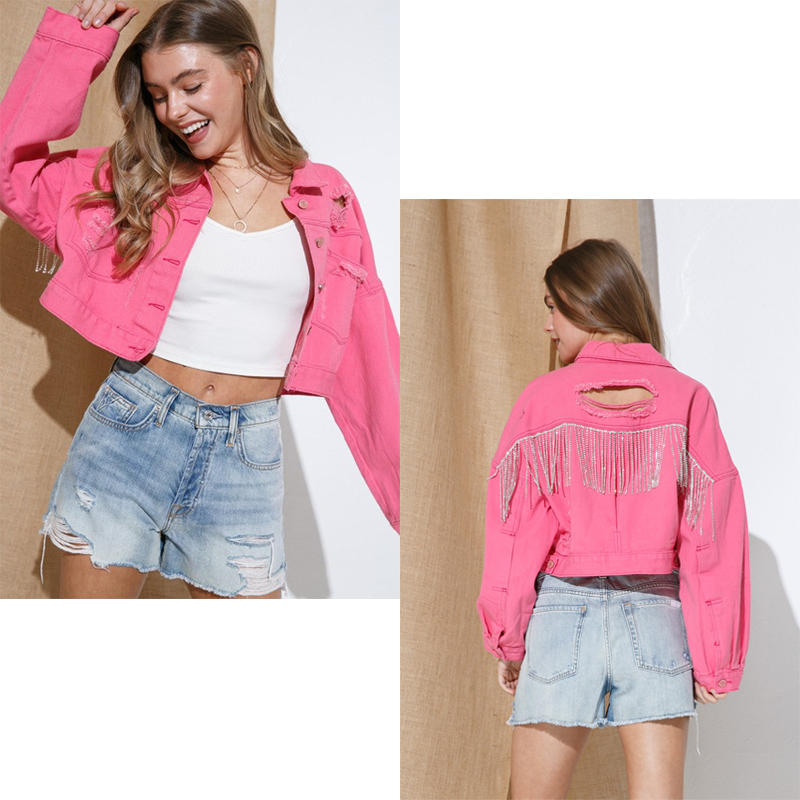 Womens Denim Jacket with Fringe Rhinestones Crop Casual Coat-RoseRed