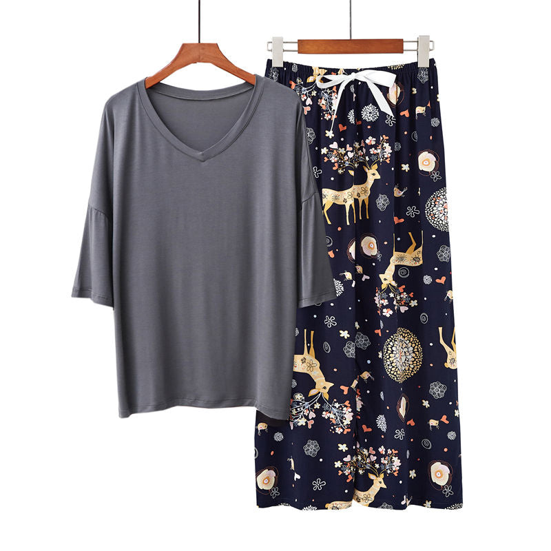 2 Pack Womens Pajama Set Print Sleepwear Soft V-Neck Short Sleeve Top With Pants-17