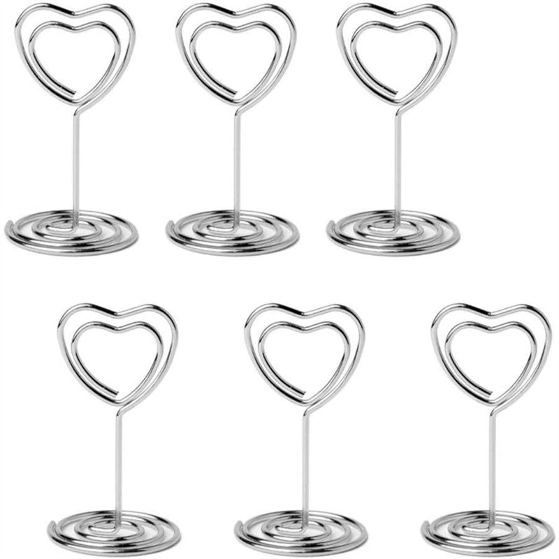 20 Pieces Mini Place Card Holders Table Number Stand Table Card Holder Wire Table Picture Photo Holder-Silver-heart Shaped