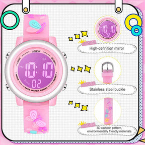 Girls Digital Sport Watches LED with 7 Colors Backlight 3D Butterfly Wristwatch-Pink