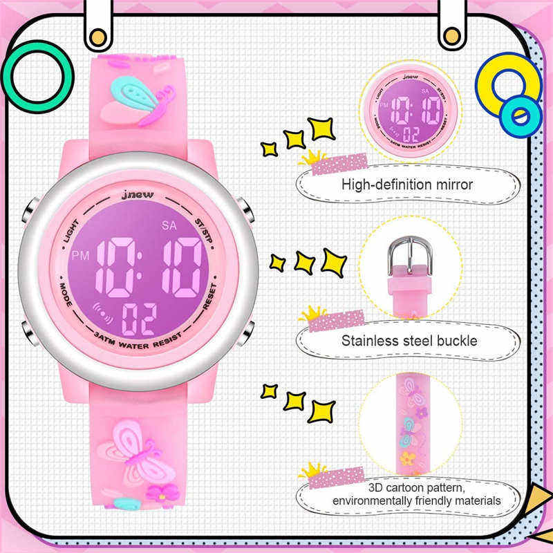 Girls Digital Sport Watches LED with 7 Colors Backlight 3D Butterfly Wristwatch-Pink