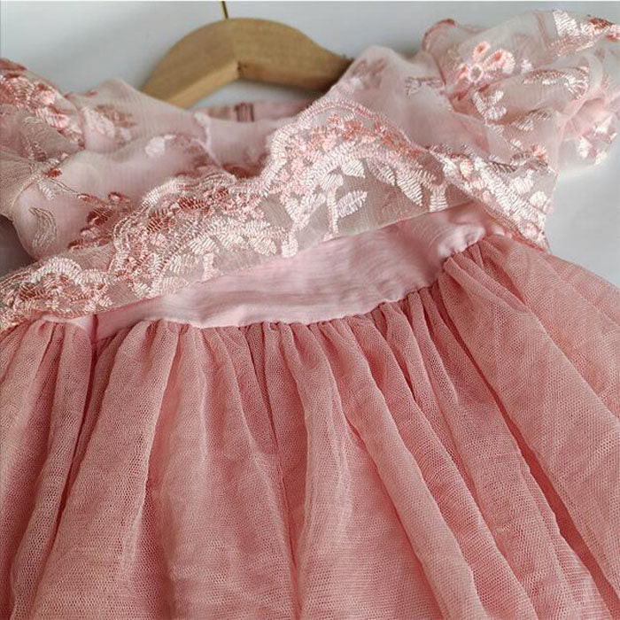 Flower Girls Wedding Dress Lace Sleeveless Tulle Summer Vintage Dresses-Orange Pink