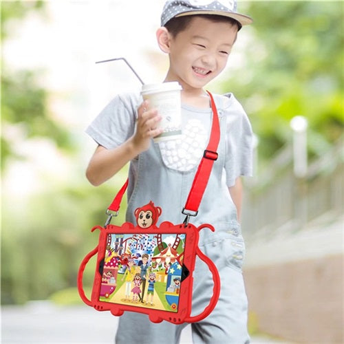 Monkey iPad Case+Neck Strap Cartoon Kids Anti-fall Protective Cover For Samsung Galaxy Tab A 10.1inch£¨2019£©T510/T515-Red