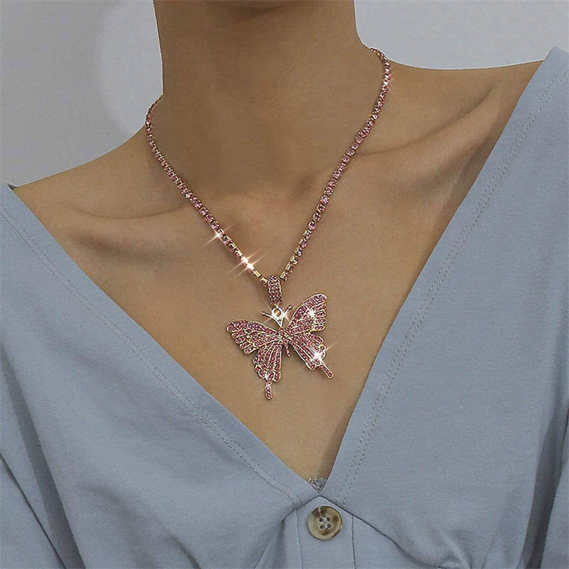 Sparkly Butterfly Rhinestone Pendant Necklaces for Women and Girls-Pink