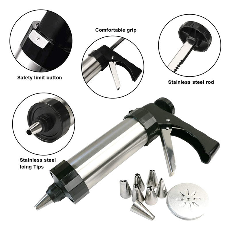 Stainless Steel Cookie Press Gun with 8 Discs Molds and Icing Nozzles Tips