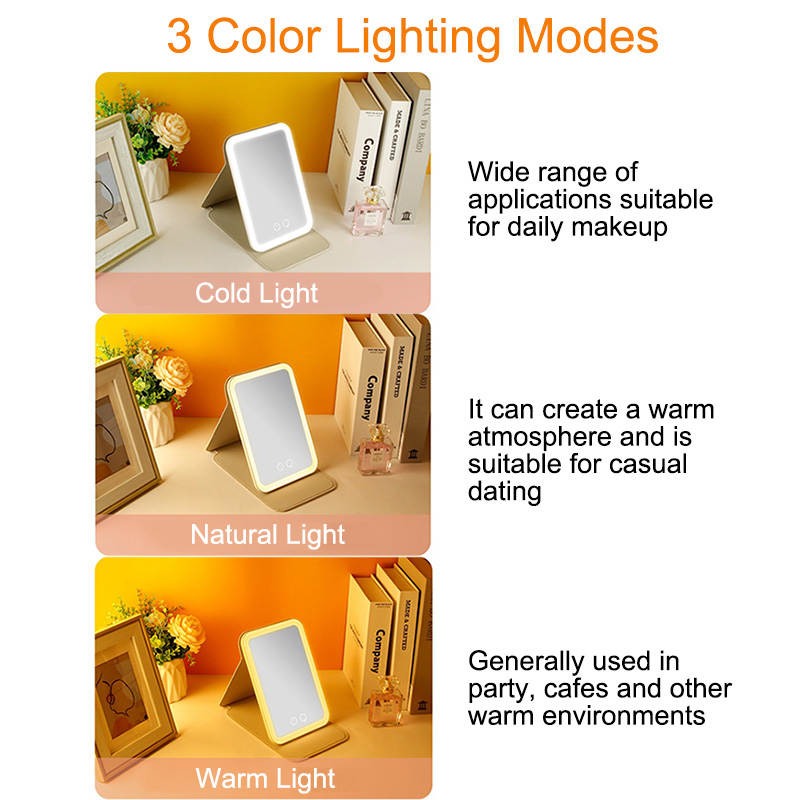 Portable Makeup Mirror 3-Color Dimmable Lighting with Leather Cover