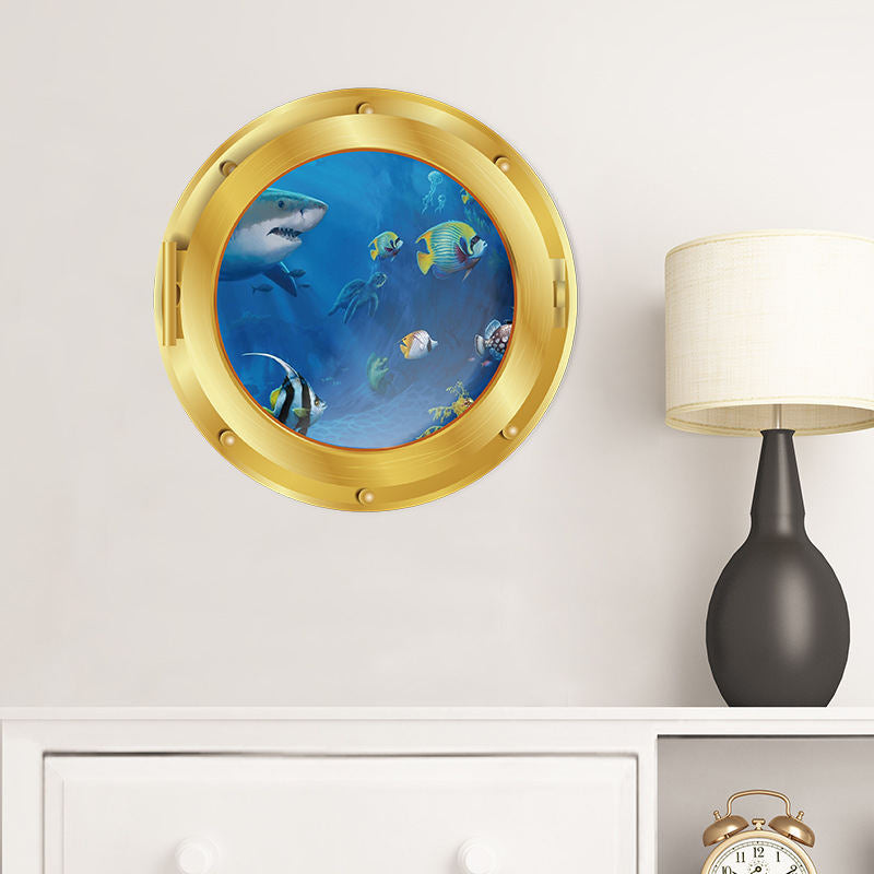 Removable 3D Under The Sea Nature Scenery Decor Submarine Gold Window Shark Wall Sticker