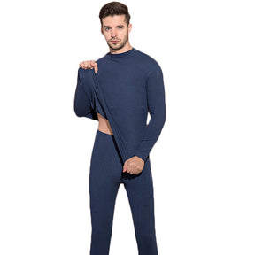 Mens Soft Thermal Underwear Set Plush Lined Half Turtleneck-Blue