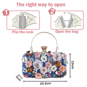 Colorful Floral Clutch Evening Bags for Women Beaded Purse Prom Handbag-Blue