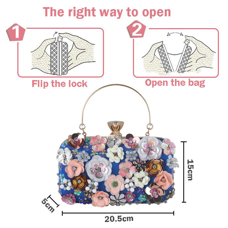 Colorful Floral Clutch Evening Bags for Women Beaded Purse Prom Handbag-Blue