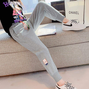 Girls Joggers Long Pants Pockets Outdoor Casual Trousers with Two-color Drawstring-Gray