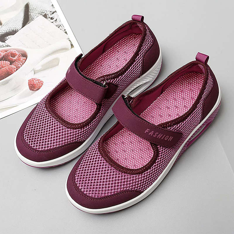 Women Casual Air Cushion Sneakers Velcro Mary Jane Shoes-Rose Red