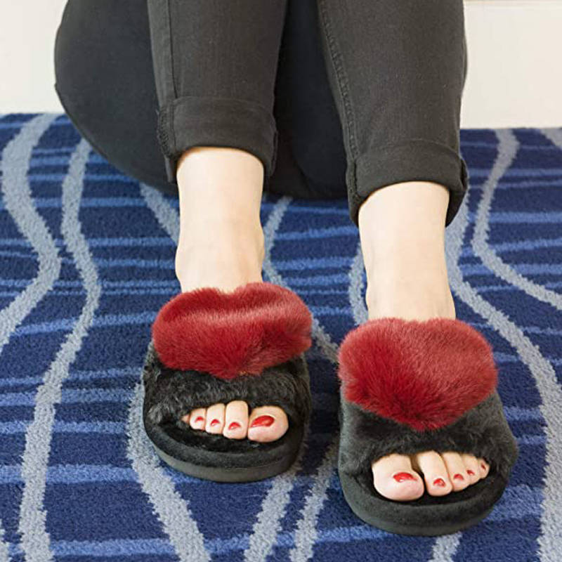 Womens Fuzzy Slippers Open Toe Cozy Memory Foam Sandals-Love Wine Red