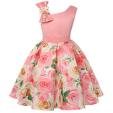 Oblique Shoulder Childrens Dress Rose Print Dress Girls Evening Party Costume-Peach Pink