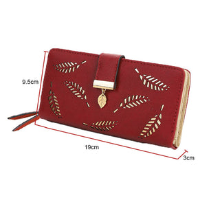 Womens Long Leaf Bifold Wallet Leather Zipper Buckle Elegant Clutch-Brown