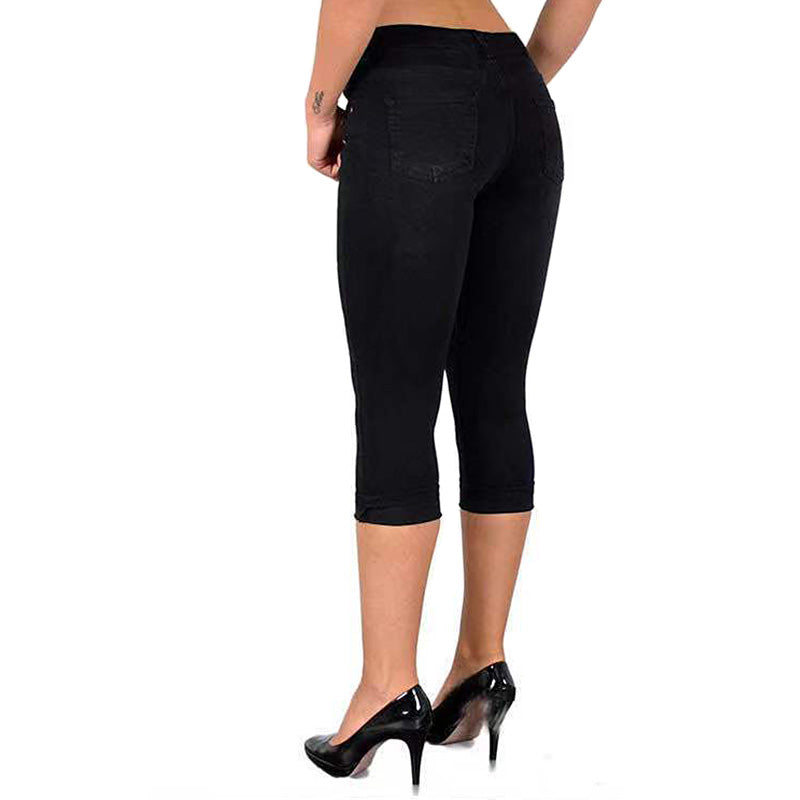 Womens Denim Capri Pants Skinny Slim Fit Casual Jeans-Black