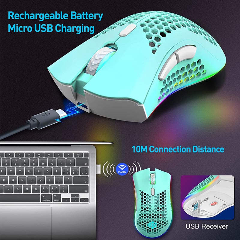 2.4G Wireless Lightweight Gaming Mouse with RGB Backlit Adjustable DPI-Blue