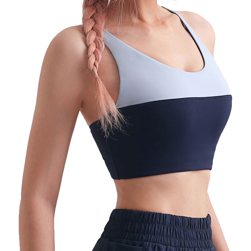 Color Stitching Sports Bra with Removable Cups Criss-Cross Back Vest-Blue