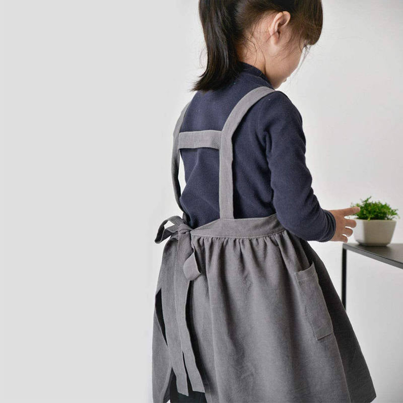 Girls Linen Cotton Apron Adjustable Bib for Cooking Painting-Grey