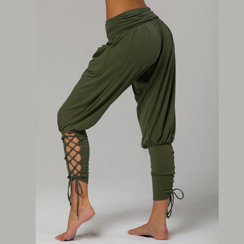 Womens Solid Color High Waist Lace Up Pants Fitness Loose Pants with Pockets-ArmyGreen