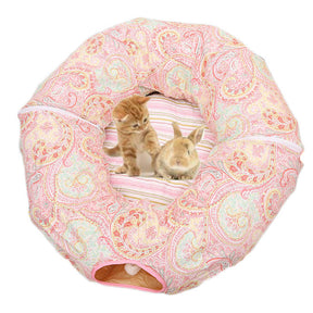 Cat Tunnel Soft Bed with Central Mat Foldable Toy-Pink