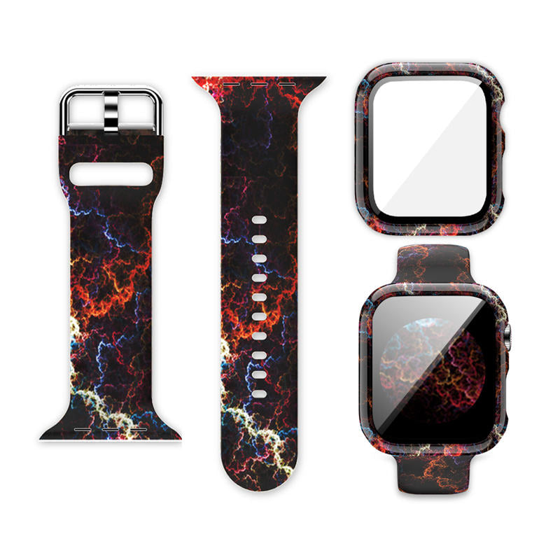 Silicone Printed Watch Band with Screen Protector Case for iWatch Series SE/6/5/4/3/2/1-StarrySkyPattern