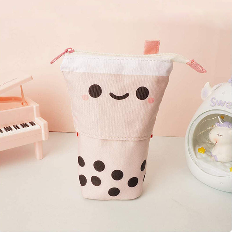 Cute Pen Pencil Telescopic Holder Pop Up Stationery Case Smile Face Dot Organizer -Beige