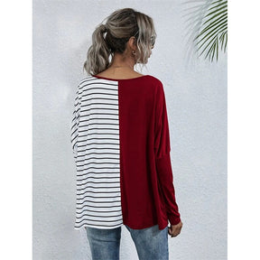 Womens Striped V-Neck Long Sleeve Tops-Red