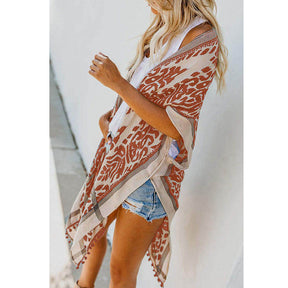 Women Print Kimono Tassel Casual Cardigan V Neck Loose Swimsuit Cover Up Beachwear-Pink