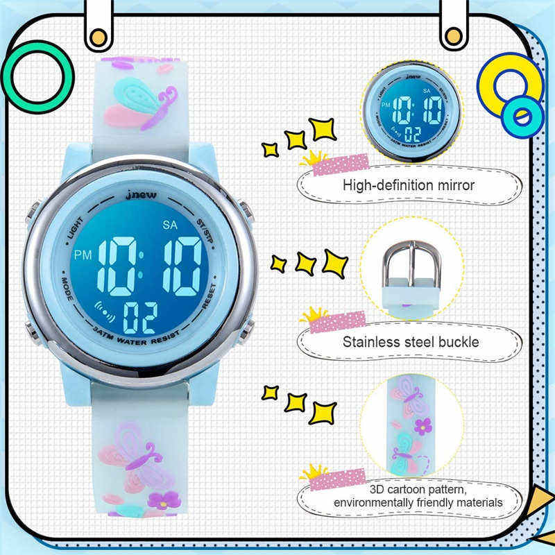 Kids Digital Sport Watches LED with 7 Colors Backlight 3D Butterfly Wristwatch-Blue