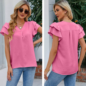 Womens Ruffle Short Sleeve Chiffon Blouses V Neck Solid Color Casual Top-Bright Pink