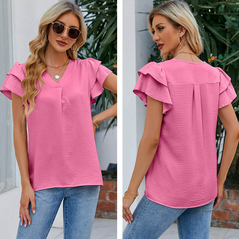 Womens Ruffle Short Sleeve Chiffon Blouses V Neck Solid Color Casual Top-Bright Pink