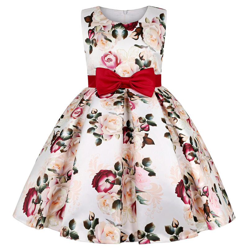 Floral Girls Dresses Summer Girl Clothes Sleeveless Dresses With Bow-Maroon