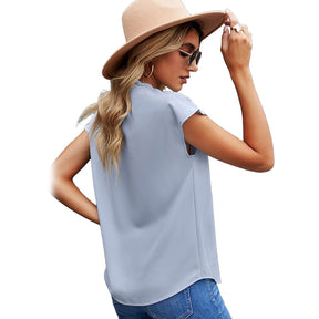 Womens Lace V Neck Blouse Solid Color Summer Lightweight Casual Chiffon Shirt-Light Blue