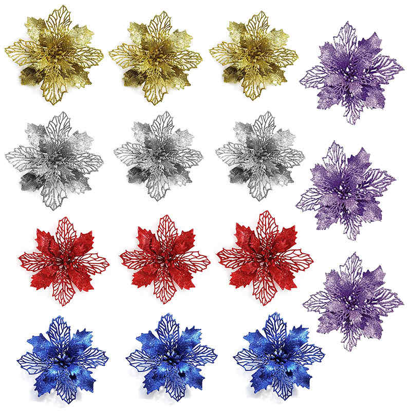 15Pack Glitter Flowers Christmas Tree Decorations and Ornaments-MixColor