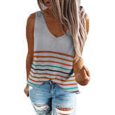 Womens Sleeveless V-neck Knitted Vest Summer Casual Loose Shirt-Gray