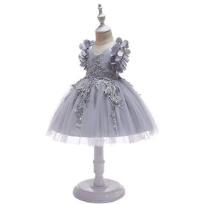 Princess Flower Girl Lace Dress Pageant Kids Christmas Party Dresses-Gray