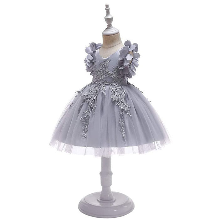 Princess Flower Girl Lace Dress Pageant Kids Christmas Party Dresses-Gray