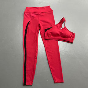 Womens Gym Workout 2 Piece Set Yoga Vest High Waisted Mesh Hip Lift Trousers-Red