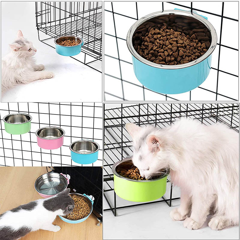 Crate Dog Bowl Removable Stainless Steel Hanging Pet Cage Bowl for Puppy Cats Birds-Blue