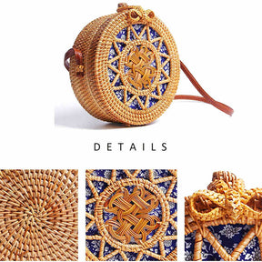 Women Round Rattan Crossbody Bags Handwoven Bohemian Shoulder Purse-Style 1