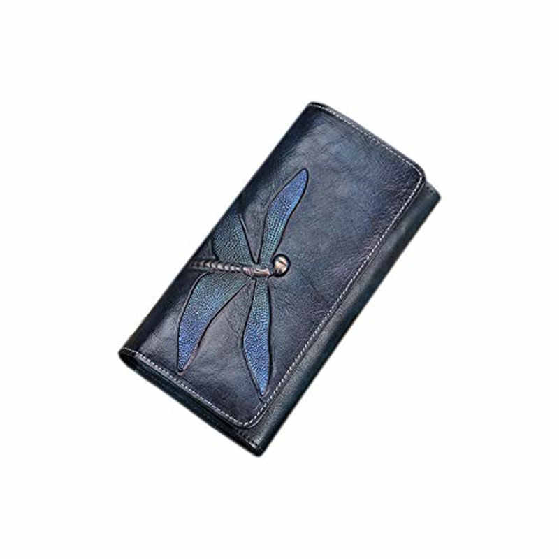 Slim Wallets for Women Embossed Dragonfly Leather Wallet Cellphone Clutch-DarkBlue
